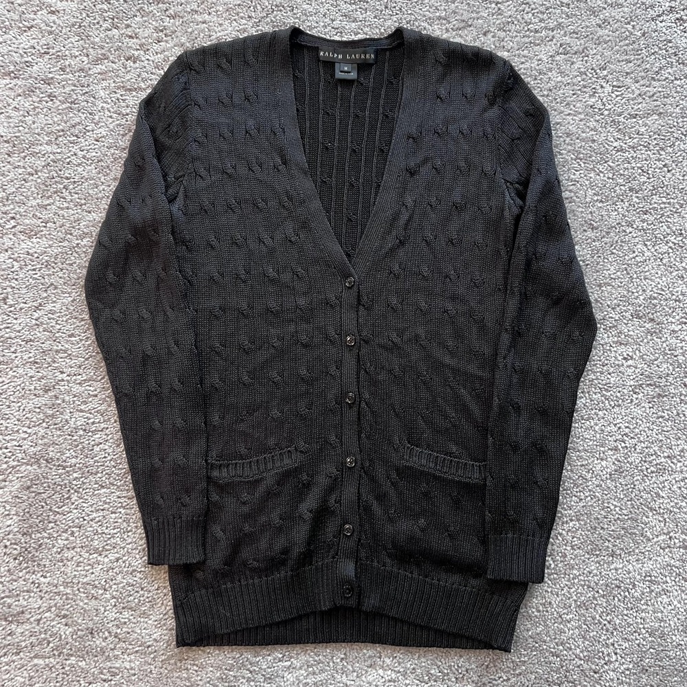Ralph Lauren Black Label Silk Cardigan Sweater Womens M Black V-Neck Lightweight
